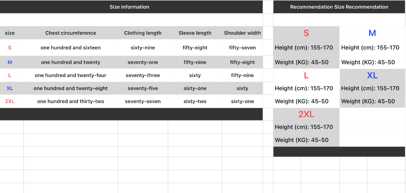 Clothing size chart 1
